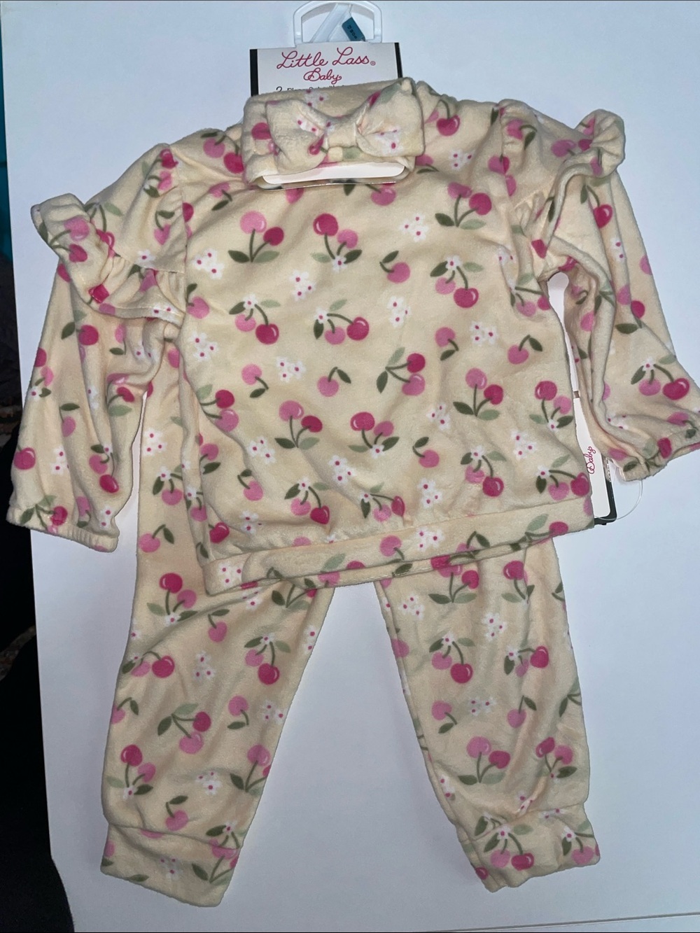 Little Lass Cream and Pink Cherry Fleece Set with Ruffle Detail
